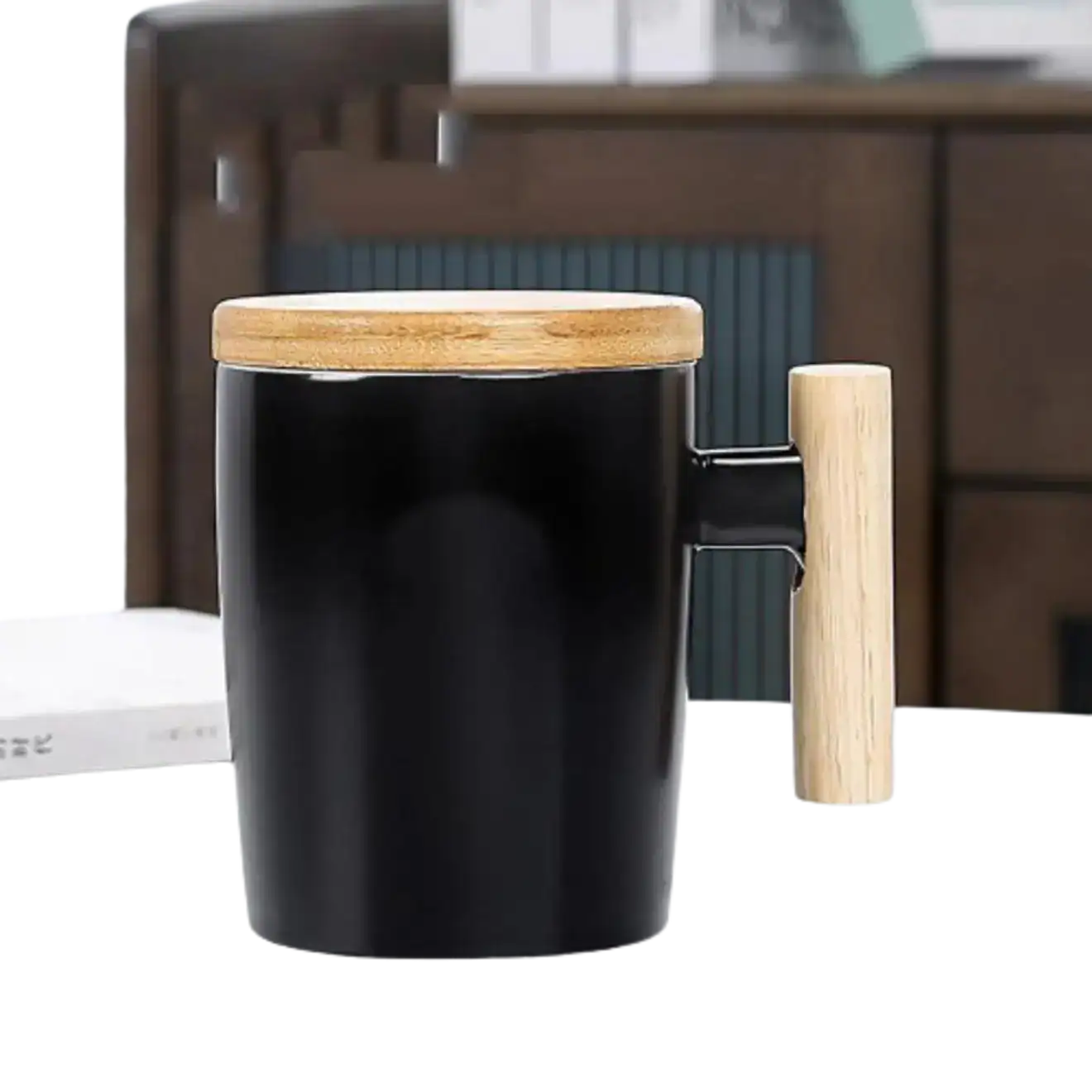 Black mug with bamboo lid & handle Printing