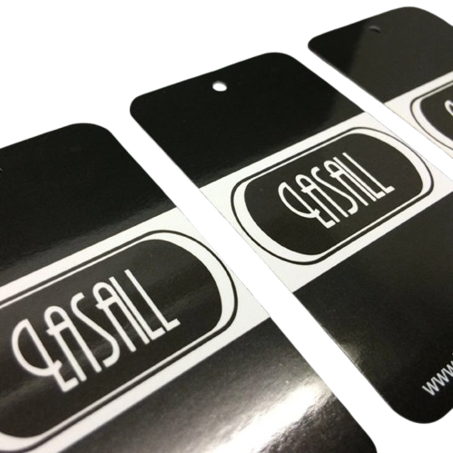 Gloss laminated hand tags offering vibrant visuals and professional branding for clothing lines and retail packaging.