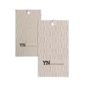 Premium Spot UV hang tags with raised glossy coating and custom logo printing for fashion brands in Dubai & UAE.