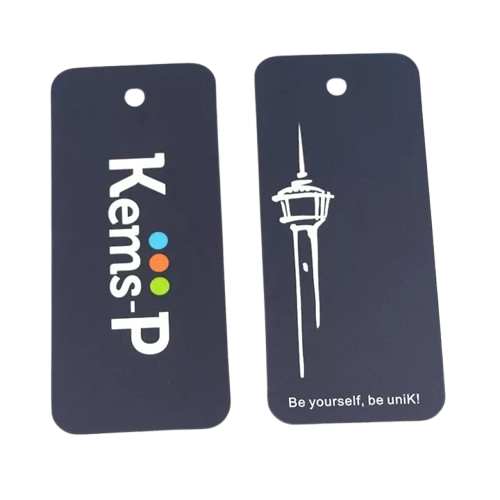 High-quality die-cut hang tags with personalized designs and unique shapes for premium product branding.