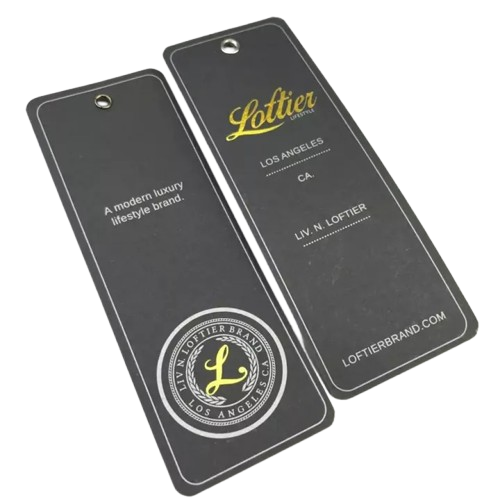 Unique die-cut hang tags offering full-colour printing and customized shapes for luxury product presentation.