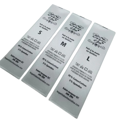 Custom satin clothing label with fine silk screen printing suitable for boutique apparel and mass production.