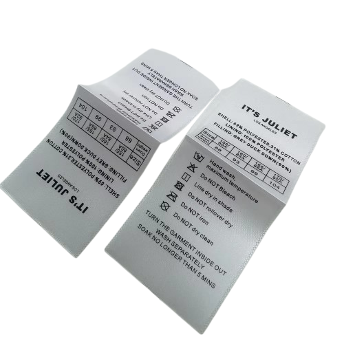 Soft satin garment label printed with silkscreen technology for long-lasting clarity and premium branding.