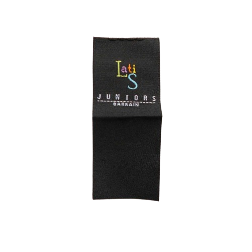 Premium woven fabric labels with full-colour thread design for professional garment finishing and branding.