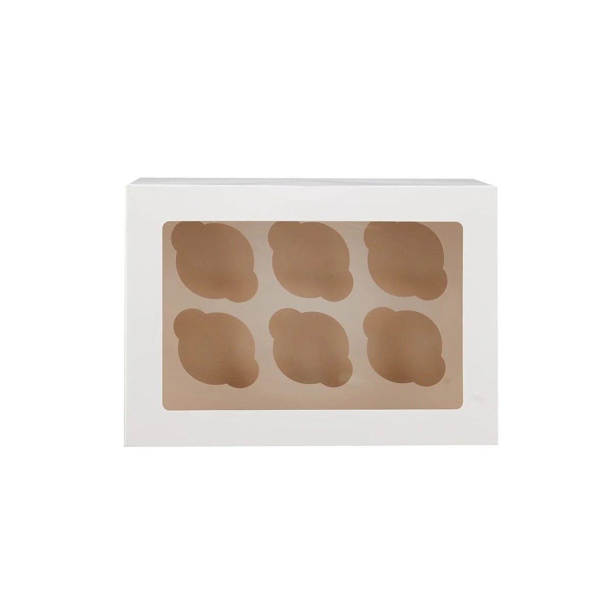 Custom printed 6-cavity kraft cupcake box with insert tray for easy transport and attractive product presentation.