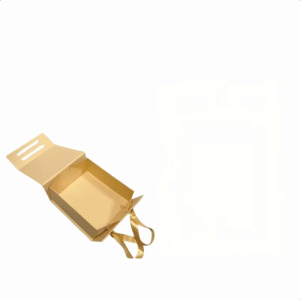 Kraft cardboard gift box featuring personalized ribbon and handle printing, ideal for retail products and luxury giveaways.
