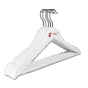 Premium matte white wooden hangers featuring sharp branding for abayas, dresses, suits, and high-end apparel.