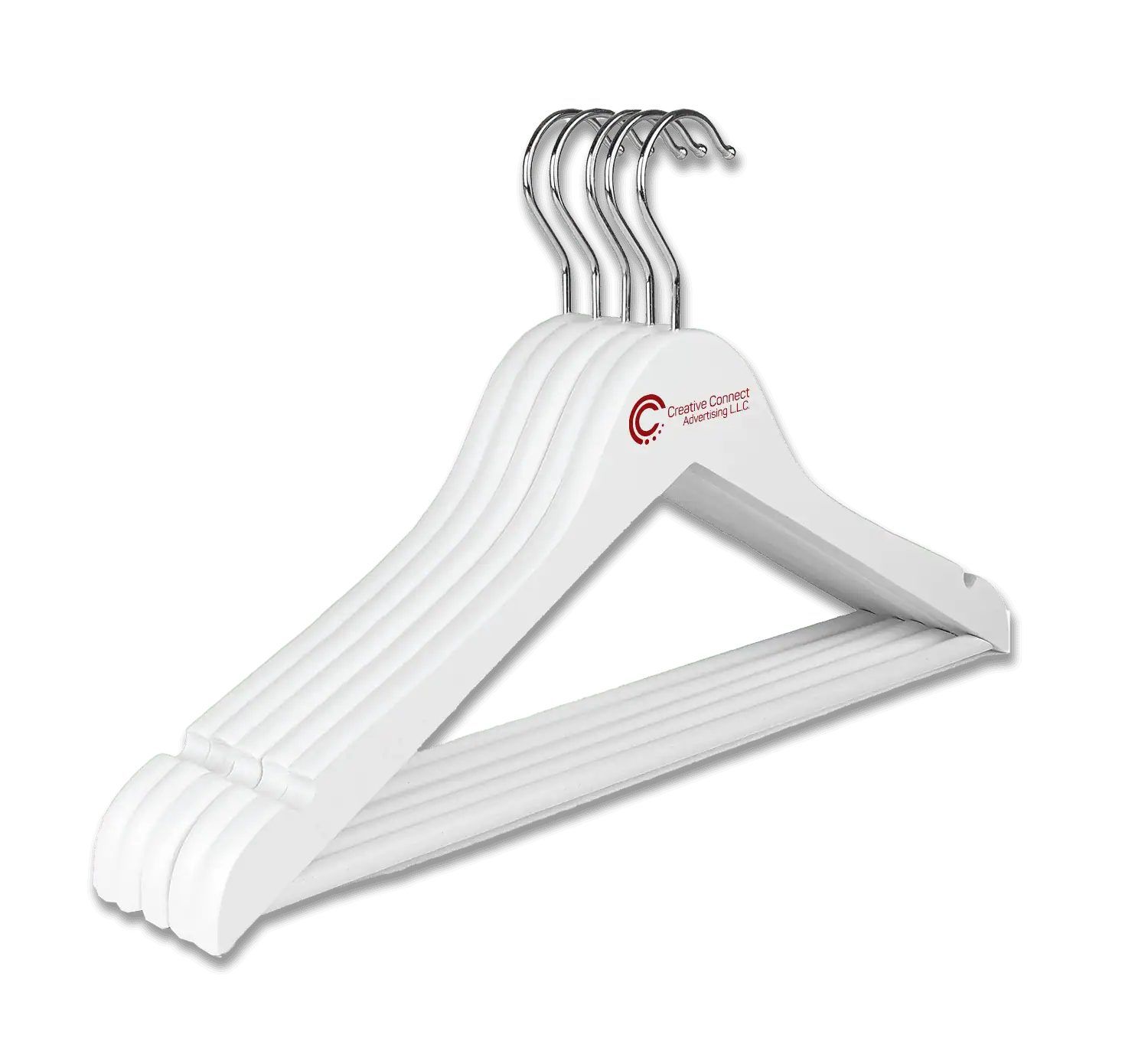 Premium matte white wooden hangers featuring sharp branding for abayas, dresses, suits, and high-end apparel.