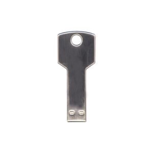 Silver key shape metal USB flash drive with durable alloy body, compact design, ideal for corporate gifts, branding, and data storage.