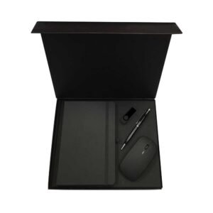 Matrix Black Set sleek executive gift set featuring a black notebook, pen and flask, ideal for custom corporate branding in Dubai and UAE.