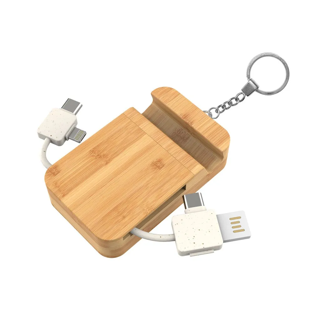 Eco-friendly bamboo 3-in-1 charging cable keychain featuring Type-C, Lightning and USB connectors, ideal for branding and corporate gifts.