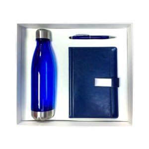 Roma Blue Set stylish blue corporate gift set with notebook, pen and flask, perfect for personalized company branding in Dubai and UAE.