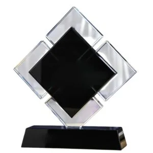 Clear crystal trophy with unique multi layered square pattern ideal for corporate awards recognition events appreciation gifts UAE.