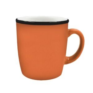 Ceramic glossy mug with black rim 12 oz ideal for logo branding corporate gifts cafes promotions and daily office drinkware across UAE.
