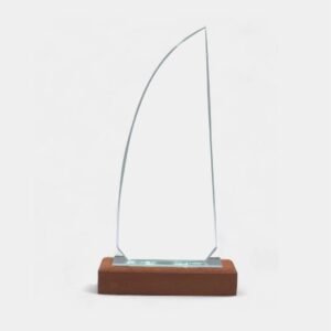Sail shape crystal award trophy with wooden base designed for corporate awards recognition events appreciation gifts UAE.