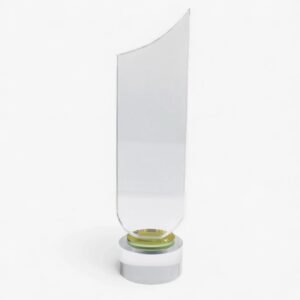 Clear glass crystal trophy with opaque white base and green accent ring for corporate awards recognition events appreciation gifts UAE.