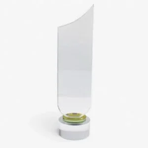 Clear glass crystal trophy with opaque white base and green accent ring for corporate awards recognition events appreciation gifts UAE.