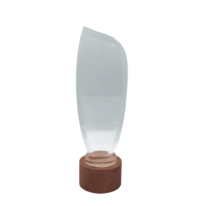 Curved flame shaped crystal trophy with round light brown wooden base ideal for corporate awards recognition events appreciation gifts UAE.