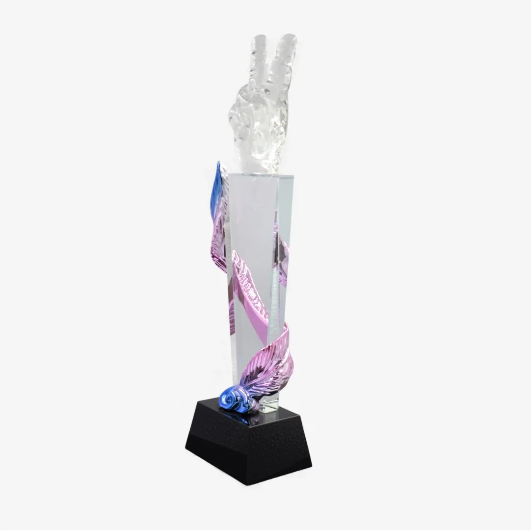 Hand shaped crystal decorative piece with peace sign ideal for corporate awards recognition decor and appreciation gifts UAE.
