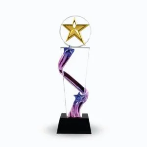 Golden star trophy with purple and blue accents designed for corporate awards recognition appreciation gifts across UAE markets.