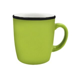 Ceramic glossy mug with black rim 12 oz ideal for logo branding corporate gifts cafes promotions and daily office drinkware across UAE.