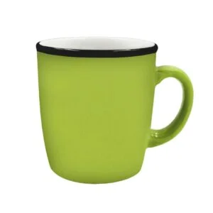 Ceramic glossy mug with black rim 12 oz ideal for logo branding corporate gifts cafes promotions and daily office drinkware across UAE.