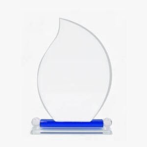 Blue base flame shaped crystal trophy with diamond texture side balls for corporate awards recognition events and gifting UAE.