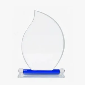 Blue base flame shaped crystal trophy with diamond texture side balls for corporate awards recognition events and gifting UAE.