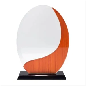 Wooden texture oval shaped crystal award trophy designed for corporate awards recognition events and gifting across UAE region.